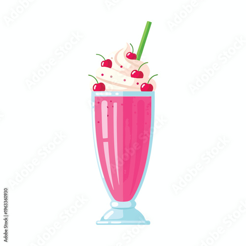 Tall glass of pink berry milkshake topped with cream, cherries, and a straw