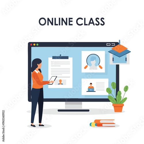 Woman interacting with a computer screen showing educational content