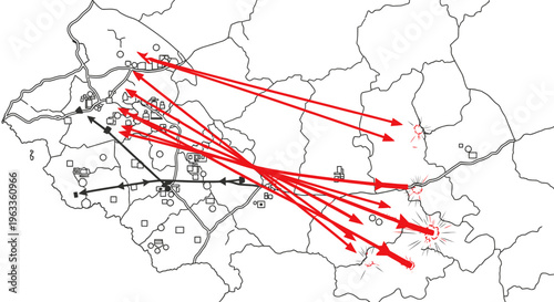 Map with multiple red arrows pointing.