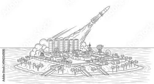 Missile launch site with rocket.