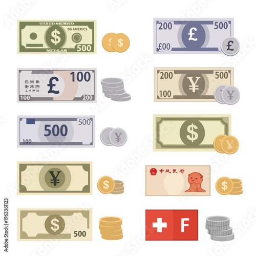 Various international currency banknotes and coins, including dollars, pounds, yen, yuan, and Swiss franc