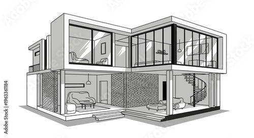 Modern house interior with glass walls.