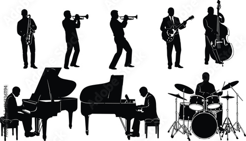 Jazz band musician silhouettes vector set featuring saxophone trumpet guitar piano drums and double bass players isolated music performance icons