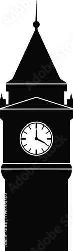 Big ben tower silhouette with clock face and spire against transparent background