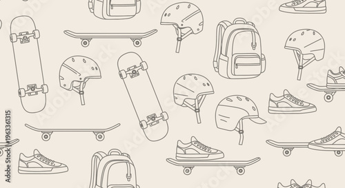 Seamless Pattern of Skateboard Equipment and Accessories Line Art