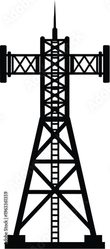 Black silhouette of a tall telecommunication tower with multiple antennas, broadcasting radio signals