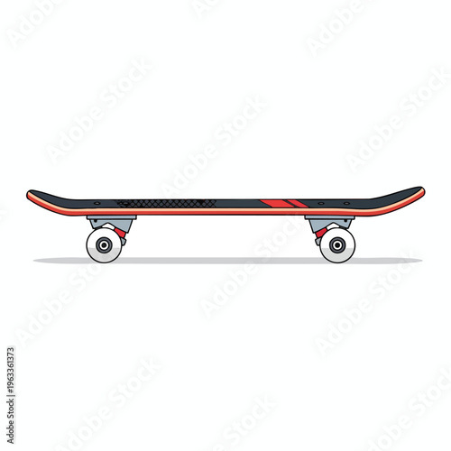 A dark skateboard with red accents and white wheels rests on a white surface
