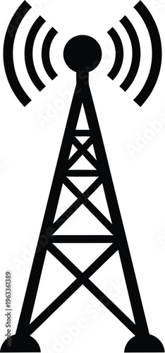 Black silhouette of a telecommunication tower with radiating waves, mobile network broadcasting infrastructure