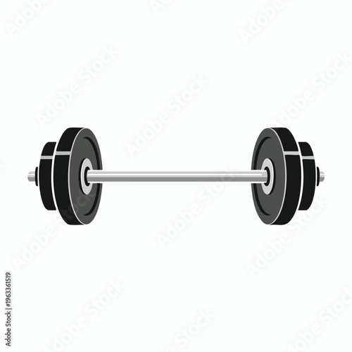 A metal barbell with black and grey weighted plates on a white background