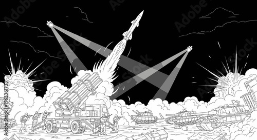 Rocket Ship Launching into Night Sky.