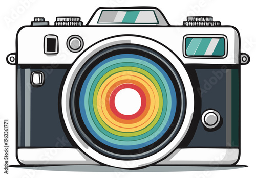 Illustrated vintage camera with colorful lens, a symbol of photography.