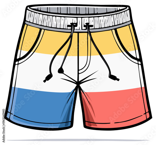 Colorful striped swim shorts with drawstring and elastic waistband for beach or pool wear