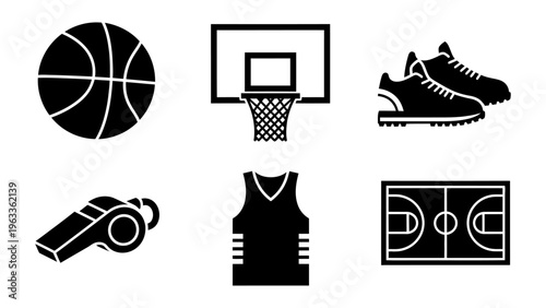 Basketball equipment icon set featuring ball hoop sneakers whistle jersey and court for sports design