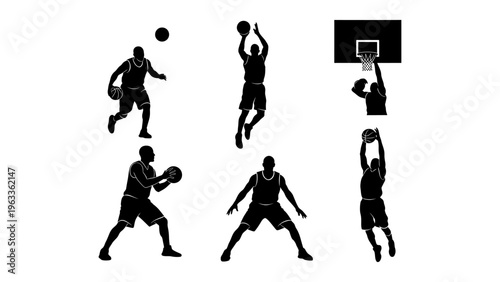 Basketball player silhouettes set featuring athletes dribbling shooting and dunking for sports graphic design