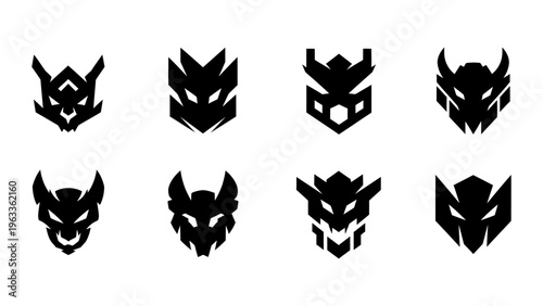 Set of geometric robot monster head icons for gaming and e-sports branding on white background