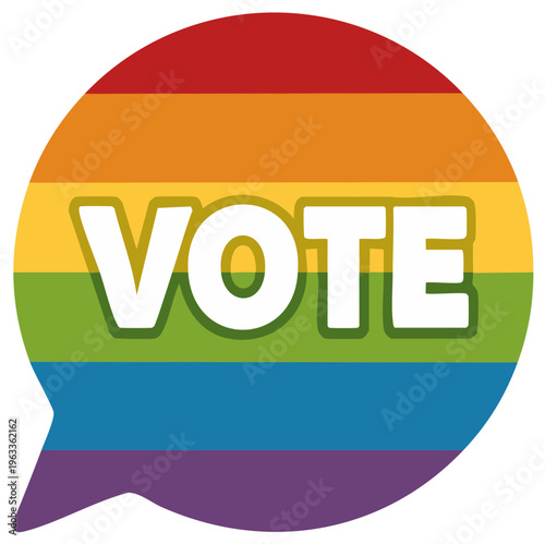 Vibrant VOTE word within a diverse rainbow flag speech bubble illustration for voting awareness