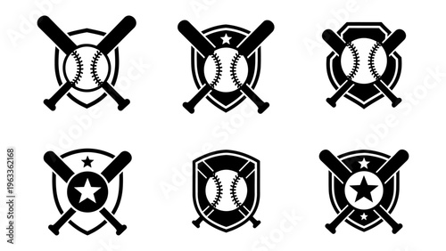 Set of baseball team logo icons with crossed bats and shields for sports branding and tournament identity design