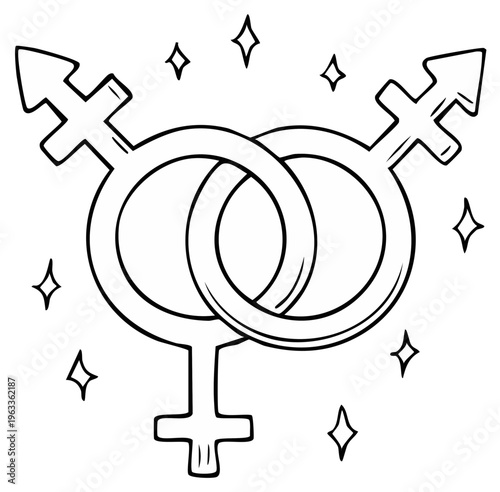 Interlocking transgender symbol surrounded by glittering stars and sparkles