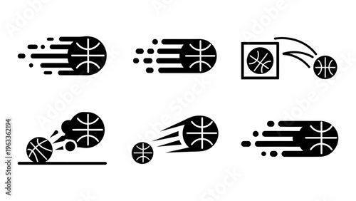 Basketball motion icons set with speed lines and dynamic action symbols for sports graphic design