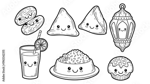 Kawaii Ramadan food and lantern line art collection for children coloring book and festive celebration