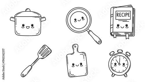 Kawaii kitchen utensils and cooking tools doodle set for coloring book or stickers