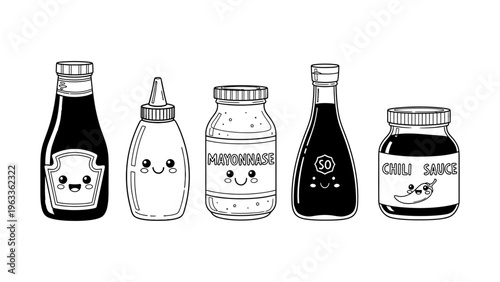 Kawaii condiment bottles and jars vector illustration set with cute faces for food and kitchen design projects