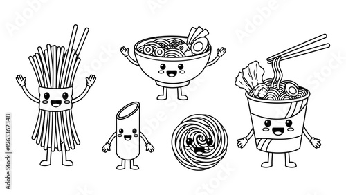 Kawaii noodle and pasta characters vector illustration set for coloring book and food menu design