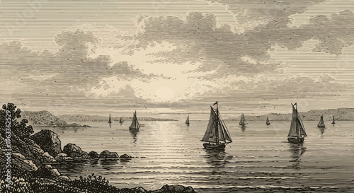 Vintage Style Illustration of Sailing Boats on Calm Sea at Sunset