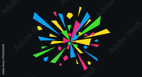 Dynamic abstract explosion of vibrant colorful geometric shapes bursting outwards on a dark background, perfect for celebration, energy, or modern design.