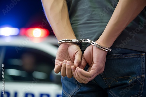 person handcuffed behind back with police car lights
