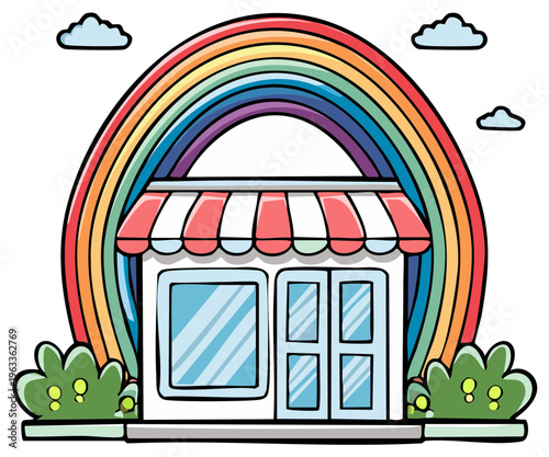 Charming shopfront with vibrant rainbow arch and awning surrounded by cheerful green bushes