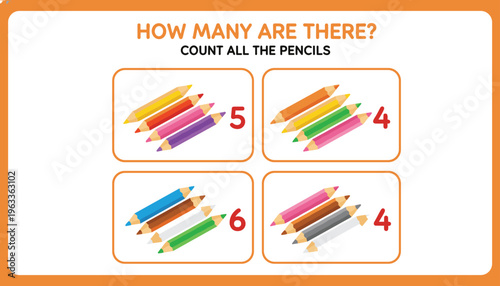Educational Math Worksheet for Kids Featuring Counting Pencils Activity with Colorful School Supplies and Numbers for Preschool and Kindergarten Learning Exercises