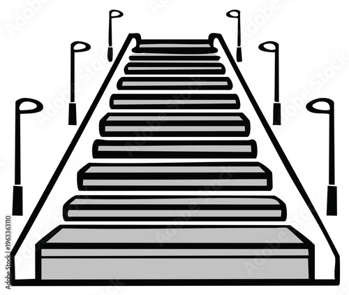 Outdoor Stairs Ascend Toward Illumination Flanked by Lampposts