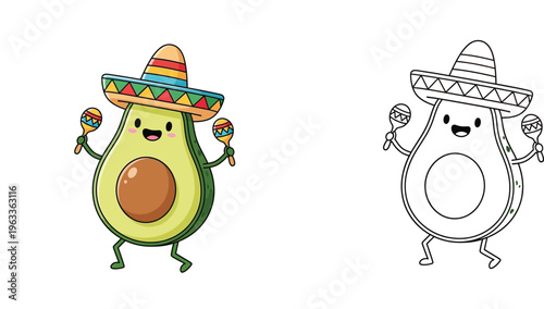 Cute Mexican Avocado Character in Sombrero Playing Maracas, Color and Line Art Coloring Page Vector Illustration for Kids Fiesta Theme