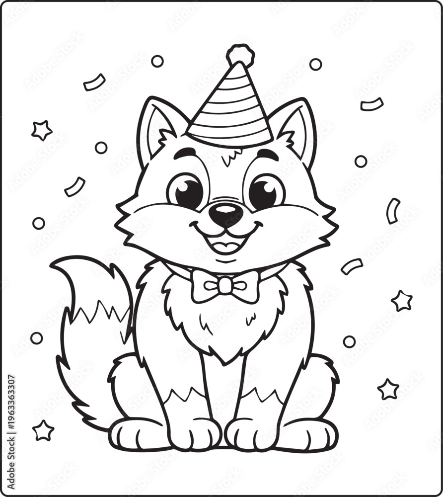 Fototapeta premium Cute wolf wearing hat and bow coloring page for kids, black vector outline illustration for children activity book design
