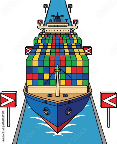 Massive container ship navigates a narrow canal between regulatory markers signaling controlled passage through infrastructure.