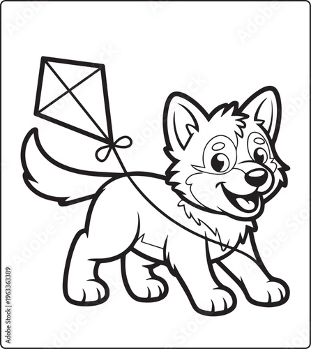 Cute wolf enjoy and flying kite coloring page for kids, black vector outline illustration for children activity book design