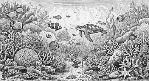 Detailed Underwater Coral Reef Scene with Sea Turtle and Tropical Fish Illustration