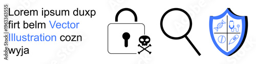 Cybersecurity, data protection, system analysis, digital forensics, online safety, and threat detection. Icons include a lock with a skull, magnifying glass and shield. Cybersecurity and data