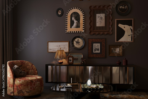 Fotografie Luxury Dark Living Room Interior with Asian Mural, Brown Velvet Sofa and Warm Am