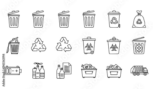 Waste Management Thin Line Icons Vector Trash Can Recycling Bin Garbage Truck Outline Symbol Set
