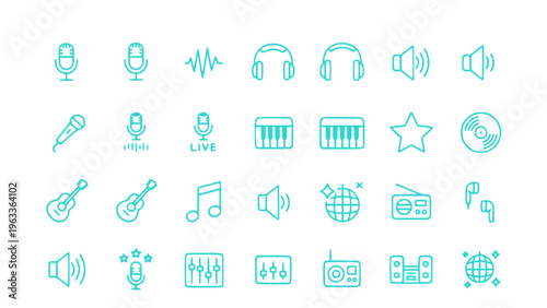 Icons for music instruments, sound, and audio controls.