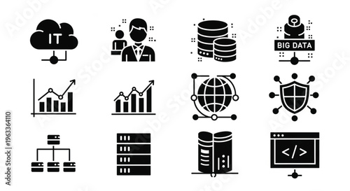 Technology icon collection. Solid vector set covering big data, internet, IT management, and cybersecurity concepts..eps