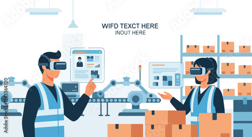 Factory workers using VR headsets for augmented reality in a modern warehouse with robots and conveyor belts