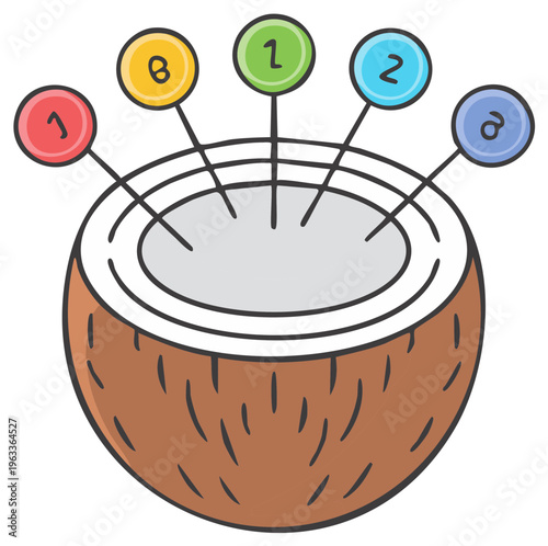 Creative DIY pincushion made from a half coconut with colorful numbered sewing pins