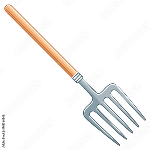 Classic farm pitchfork with a wooden handle and four metal tines cartoon style illustration