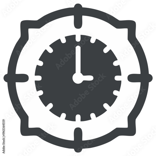 Clock face in crosshairs target symbol representing time management and precision