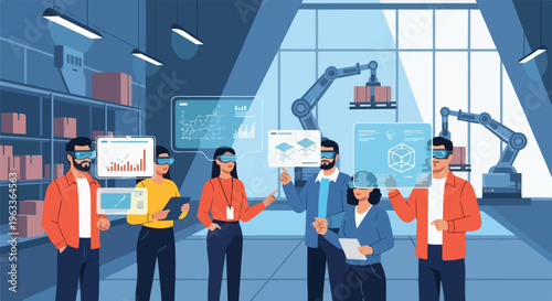 Team using VR headsets in a modern factory with robotic arms and data visualizations, illustrating industrial innovation
