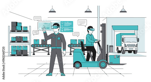 Augmented reality workers in a smart warehouse managing logistics and supply chain with innovative technology for efficient operations.