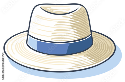 Straw hat illustration with blue ribbon for sun protection in warm climates